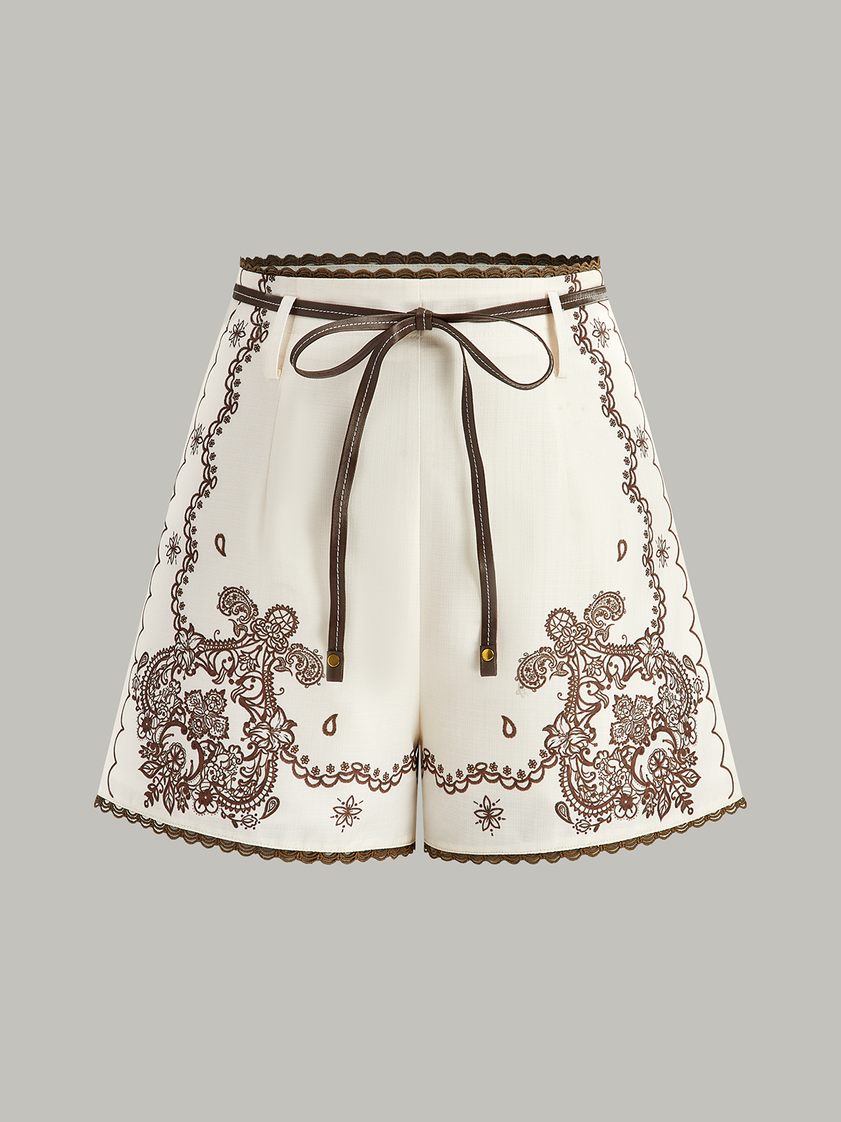 Floral Printed Suit Shorts with Lace Trims and Belt-Chicvia