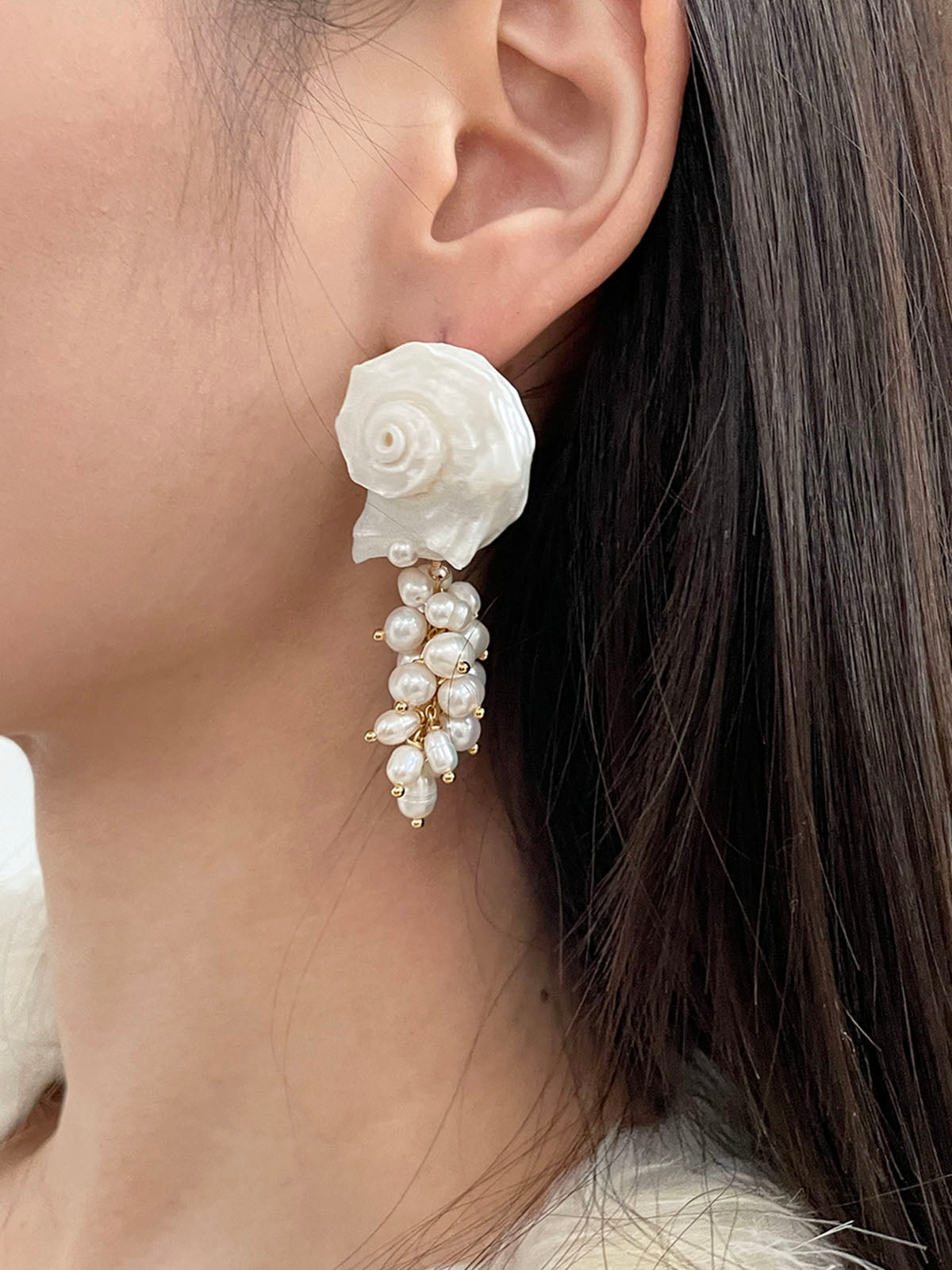 Natural Spiny Shell Earrings with Faux Pearl Pendants-Chicvia