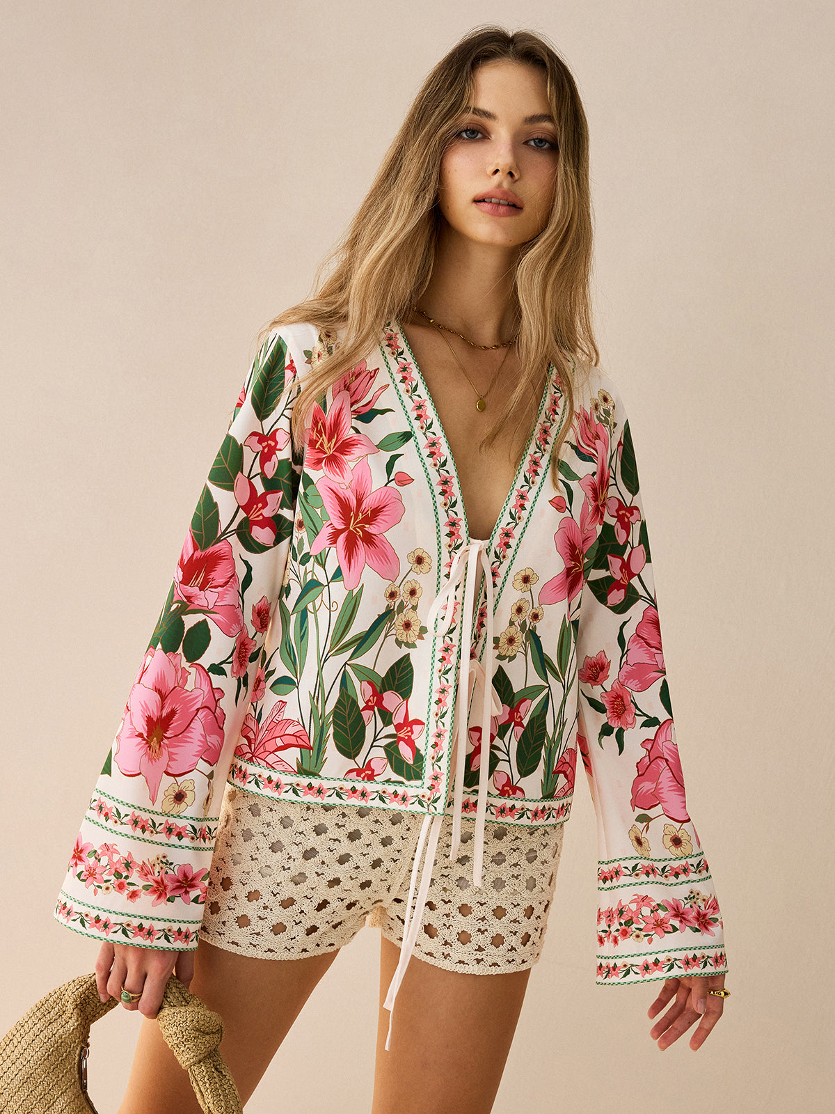 Floral Print Tie-Front Shirt-Chicvia