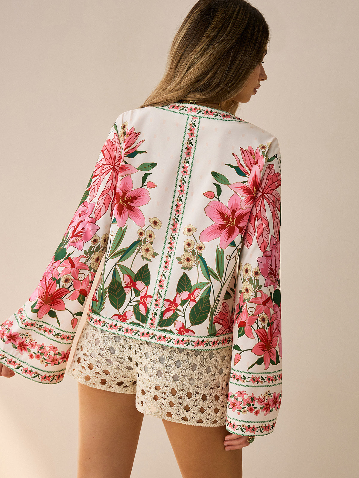 Floral Print Tie-Front Shirt-Chicvia