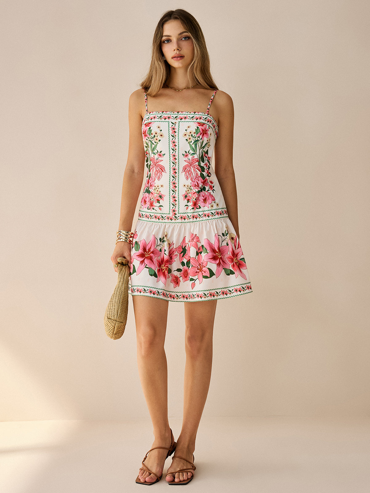 Floral Print Spaghetti Strap Mini Dress-Chicvia