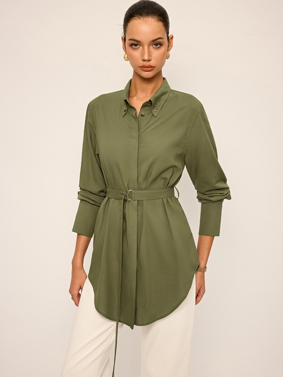 Cotton & Linen Belted Long-Sleeve Shirt-Chicvia