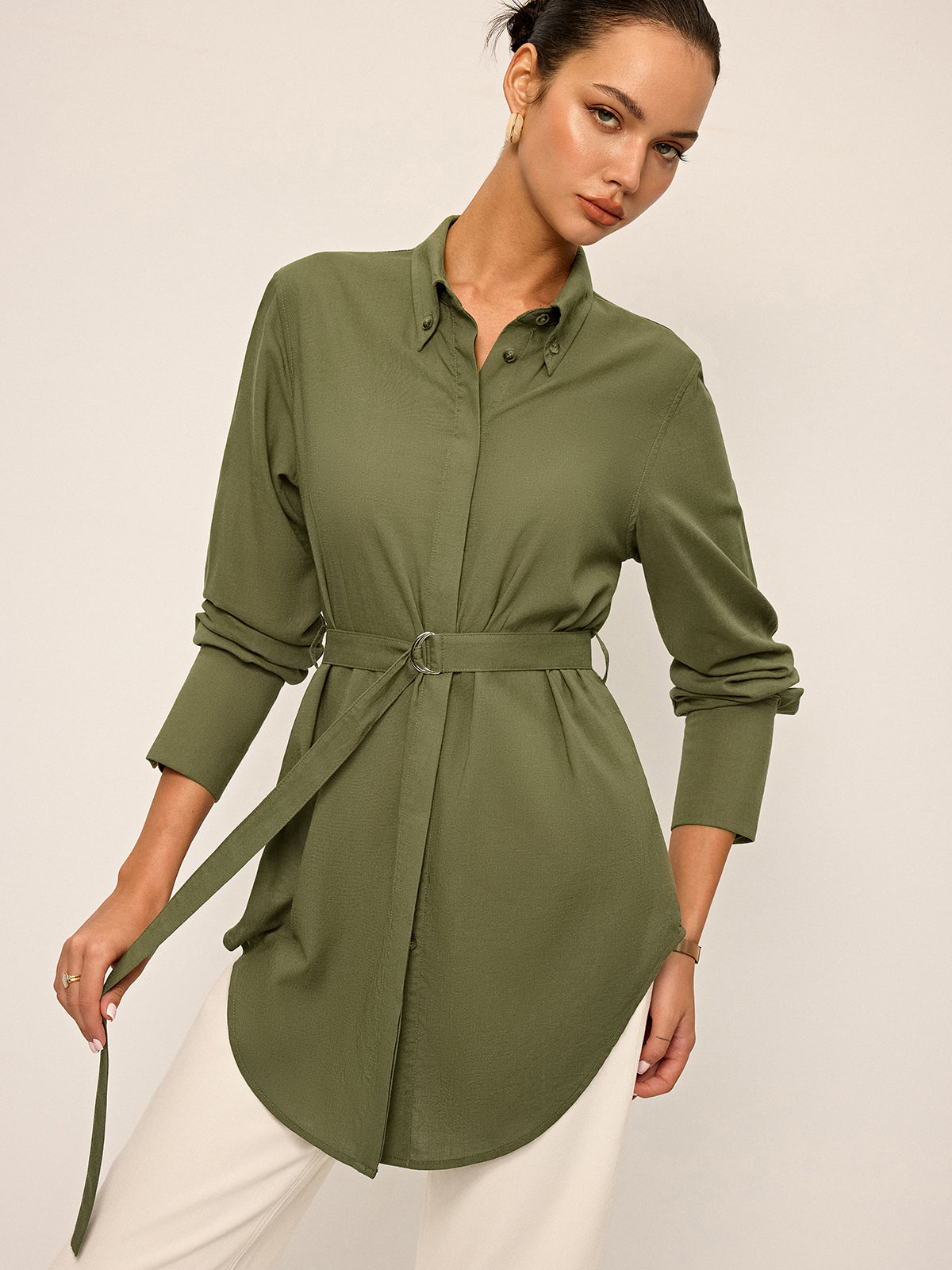 Cotton & Linen Belted Long-Sleeve Shirt-Chicvia