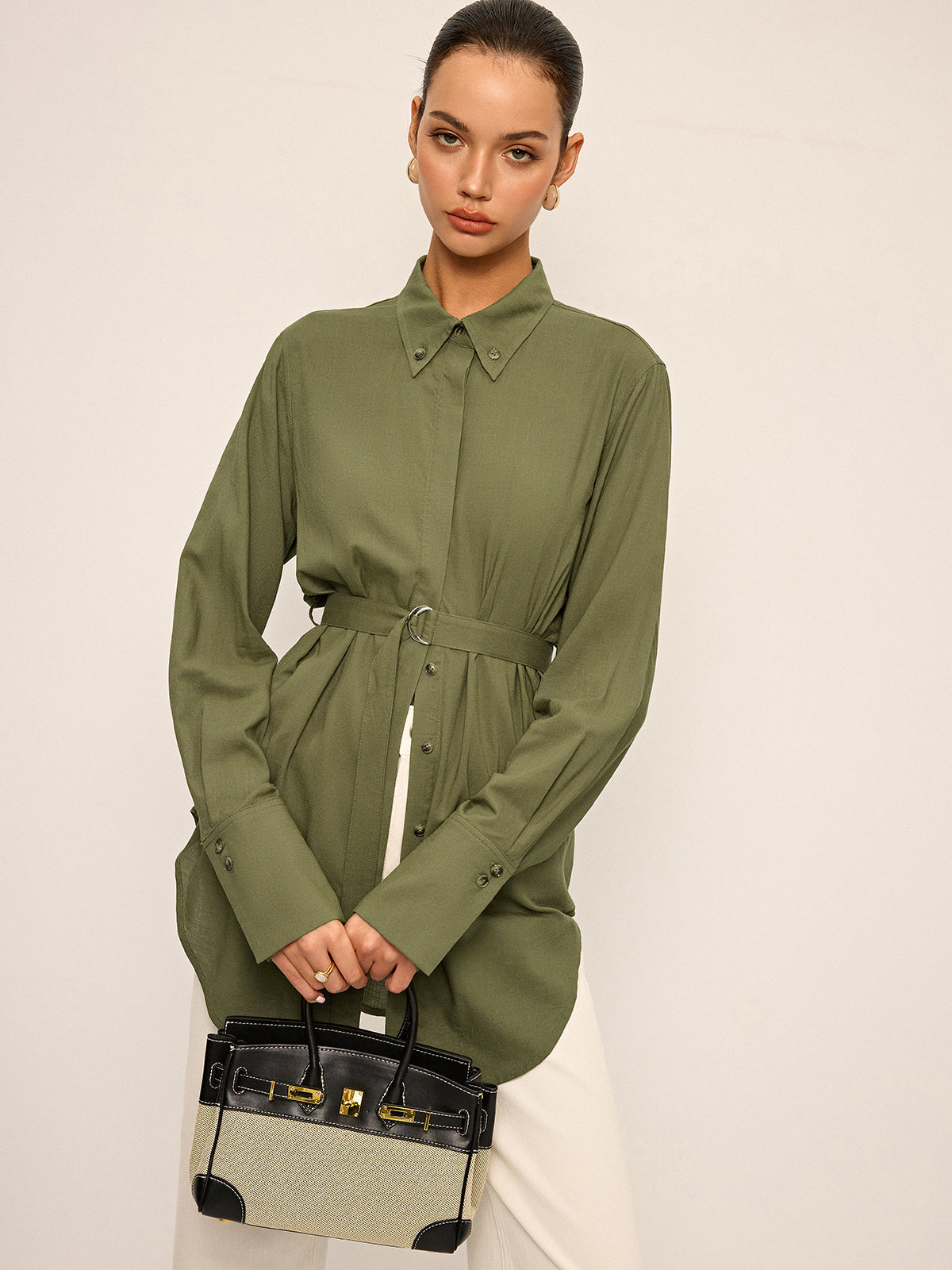 Cotton & Linen Belted Long-Sleeve Shirt-Chicvia