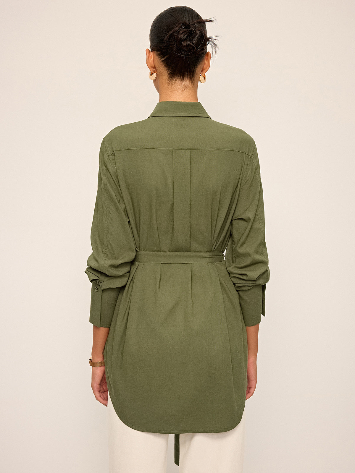 Cotton & Linen Belted Long-Sleeve Shirt-Chicvia