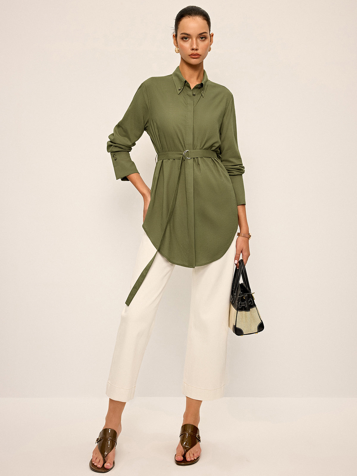 Cotton & Linen Belted Long-Sleeve Shirt-Chicvia