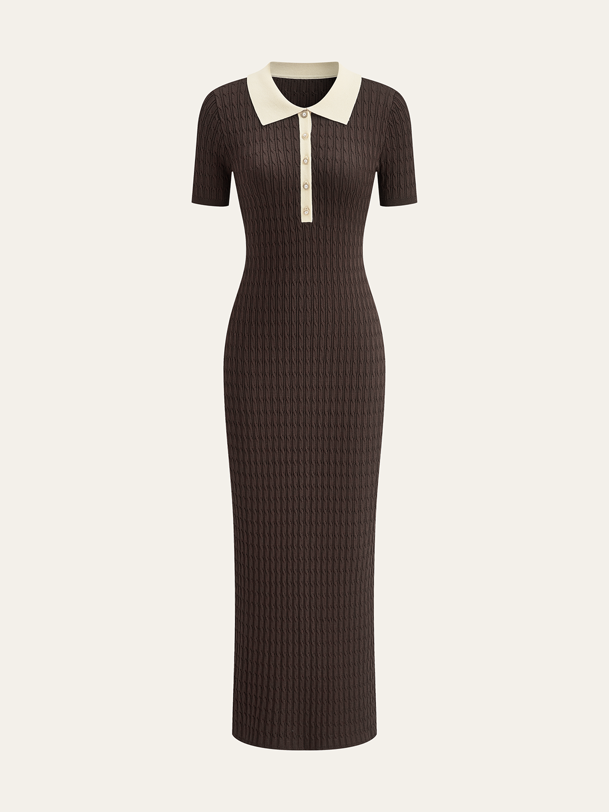 Contrast Collar Cable-Knit Midi Dress-Chicvia