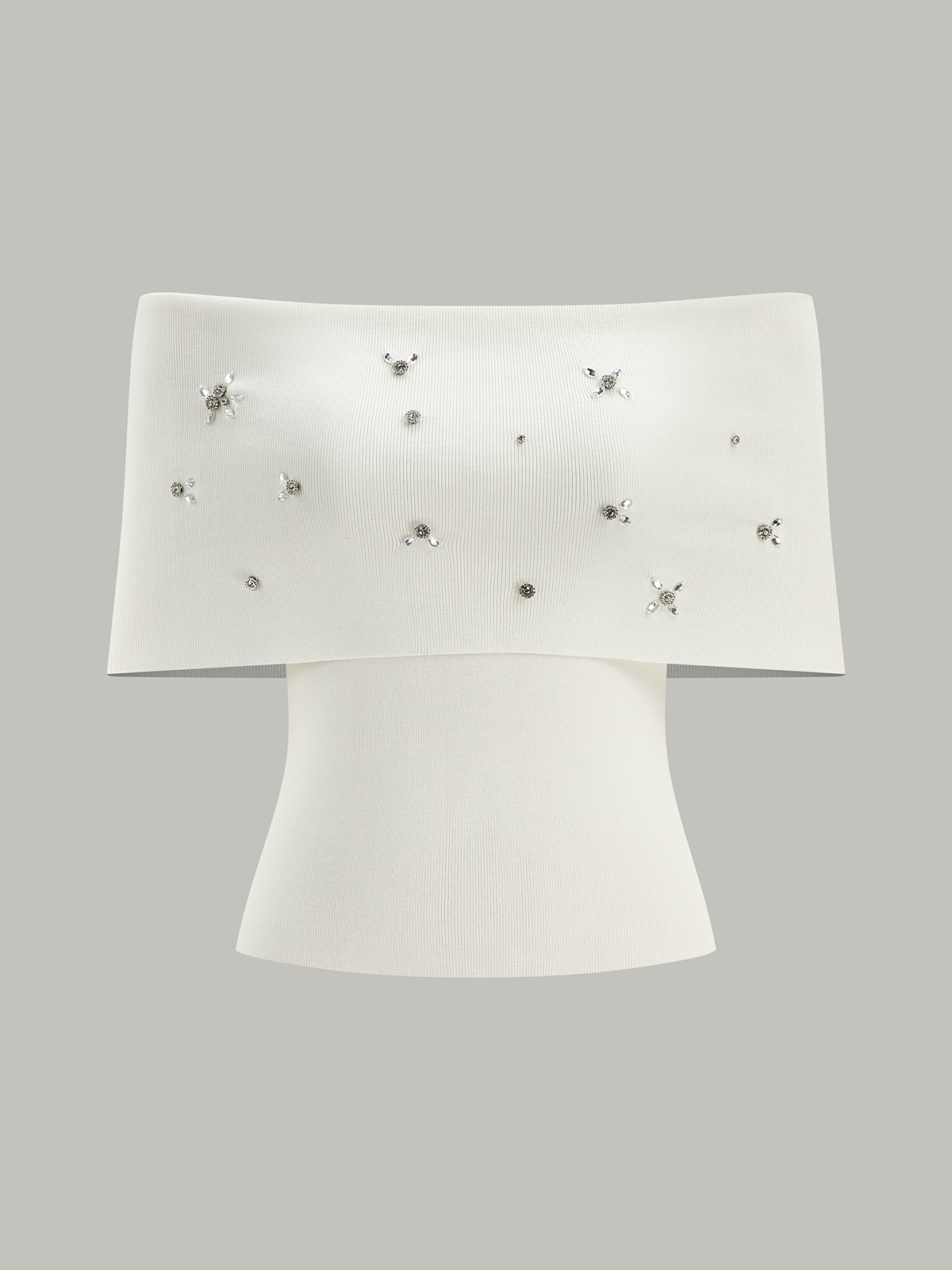 Off-Shoulder Knit Top with Crystal Embellishments-Chicvia