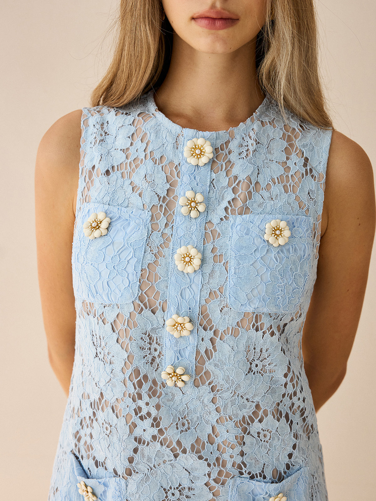 Flower-Shaped Button Lace Mini Dress-Chicvia