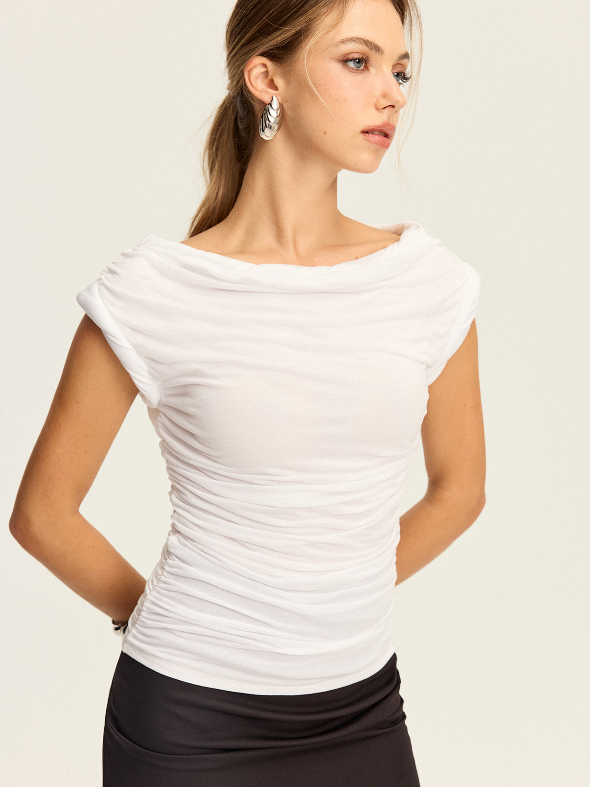 Draped Neck Ruched Top-Chicvia