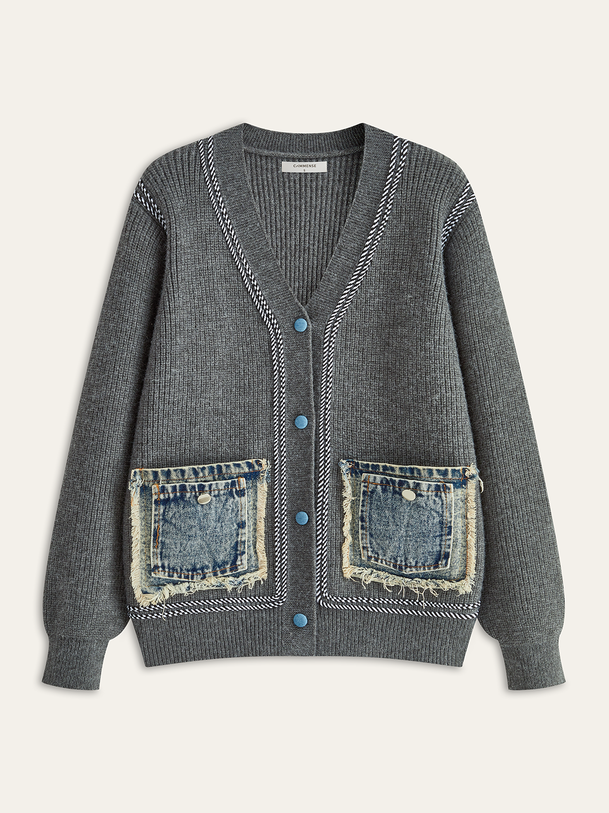 Contrast Trim Denim Panel Cardigan-Chicvia