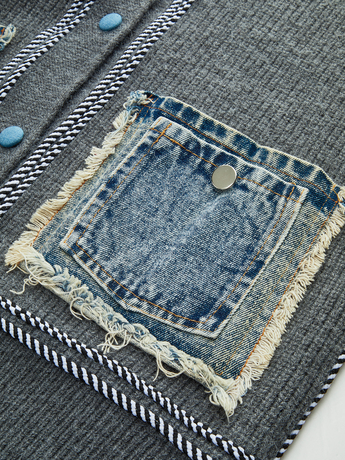 Contrast Trim Denim Panel Cardigan-Chicvia