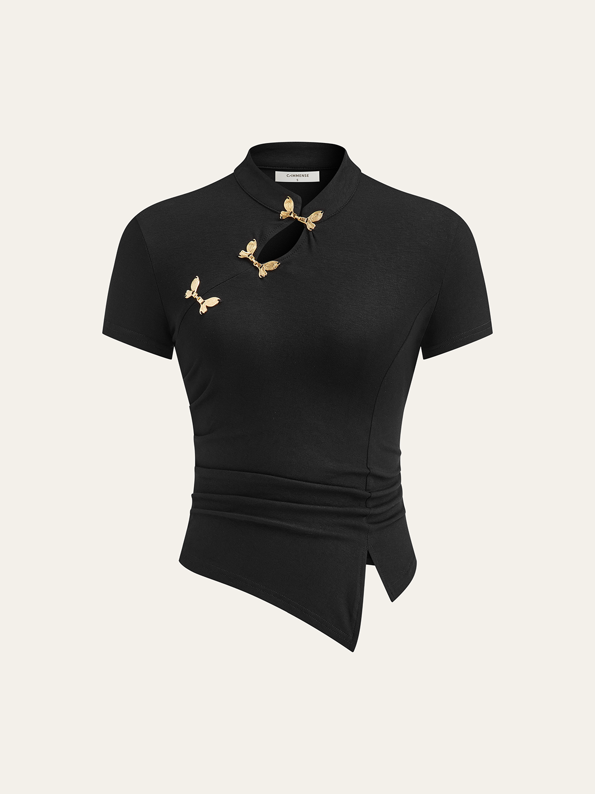 Metal Butterfly Detail Asymmetric Ruched Top-Chicvia