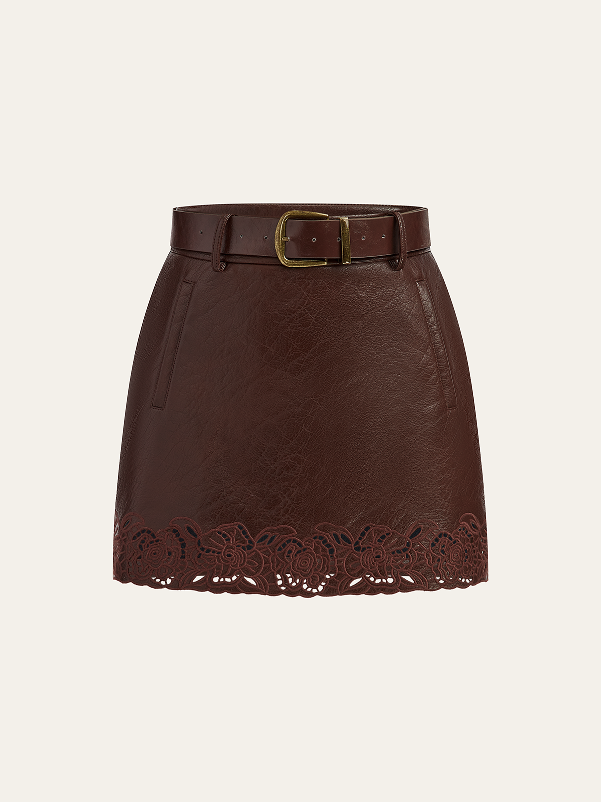 Jacquard Trim PU Leather Mini Skirt with Belt-Chicvia