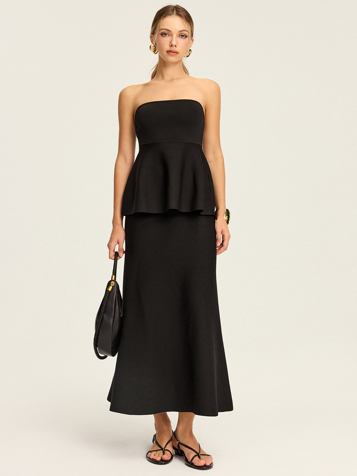 Knit Elastic-Waist Maxi Skirt-Chicvia