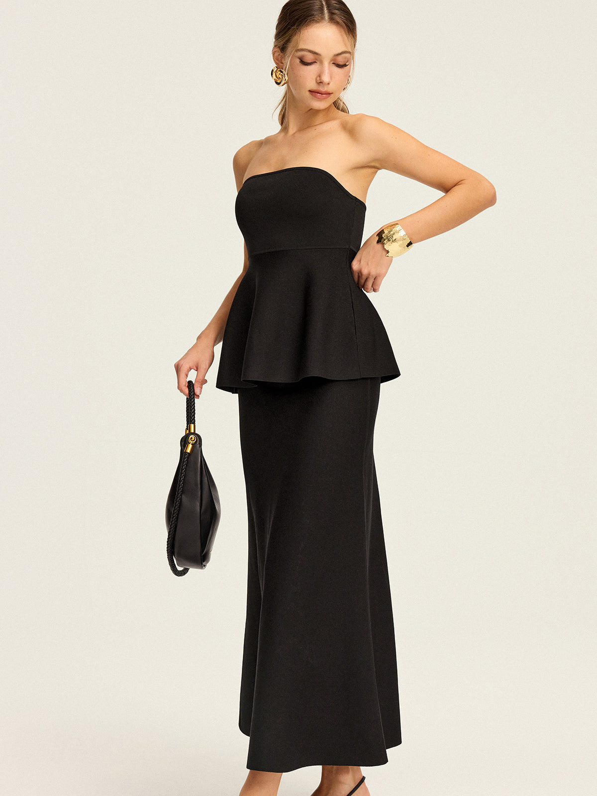 Knit Strapless Peplum Top-Chicvia