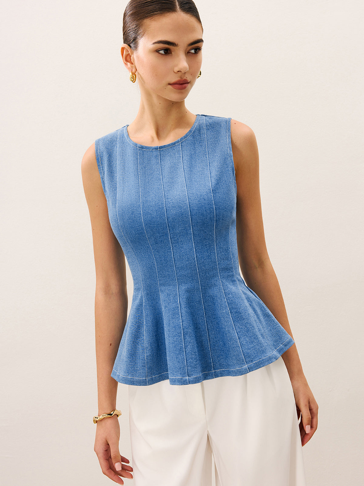 Denim Peplum Top-Chicvia