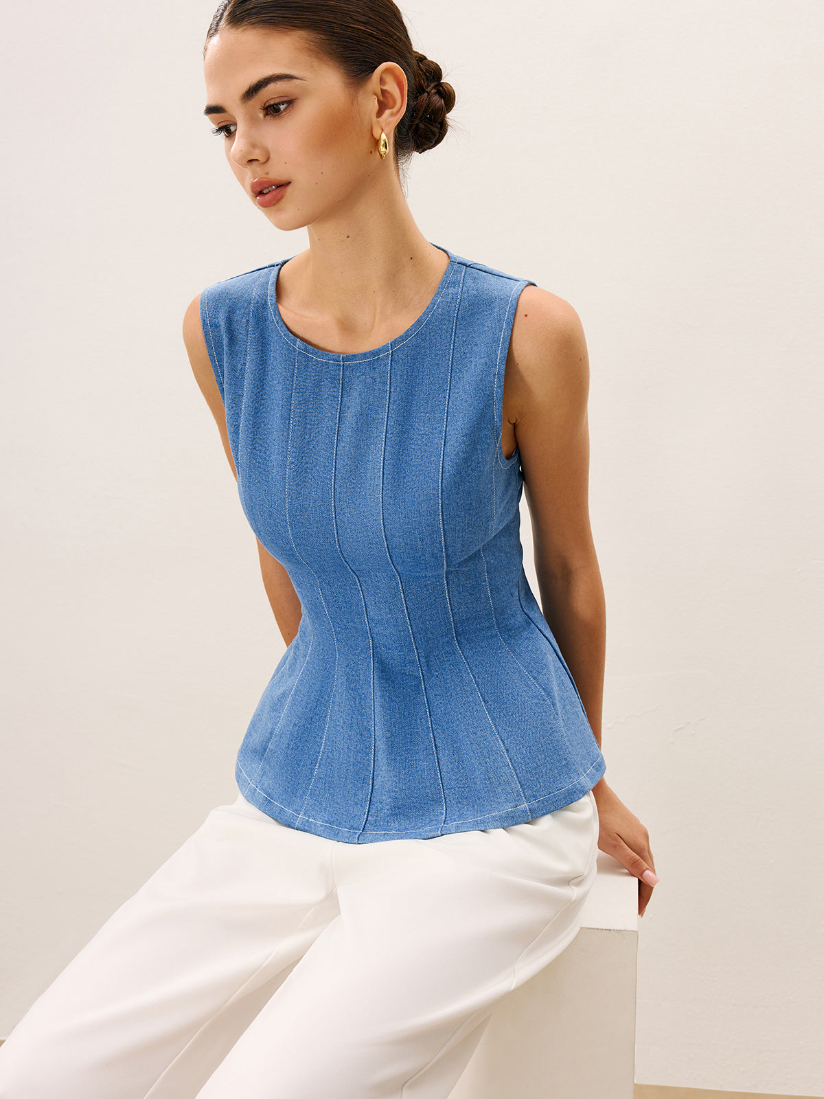 Denim Peplum Top-Chicvia