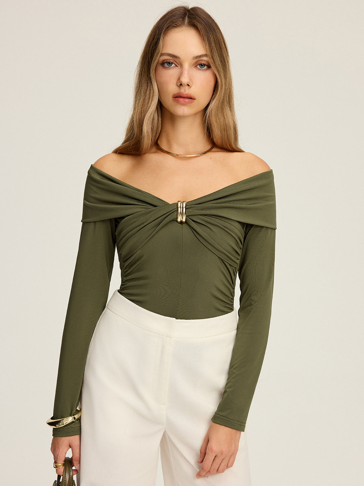 Metal Detail Off-Shoulder Long Sleeve Blouse-Chicvia