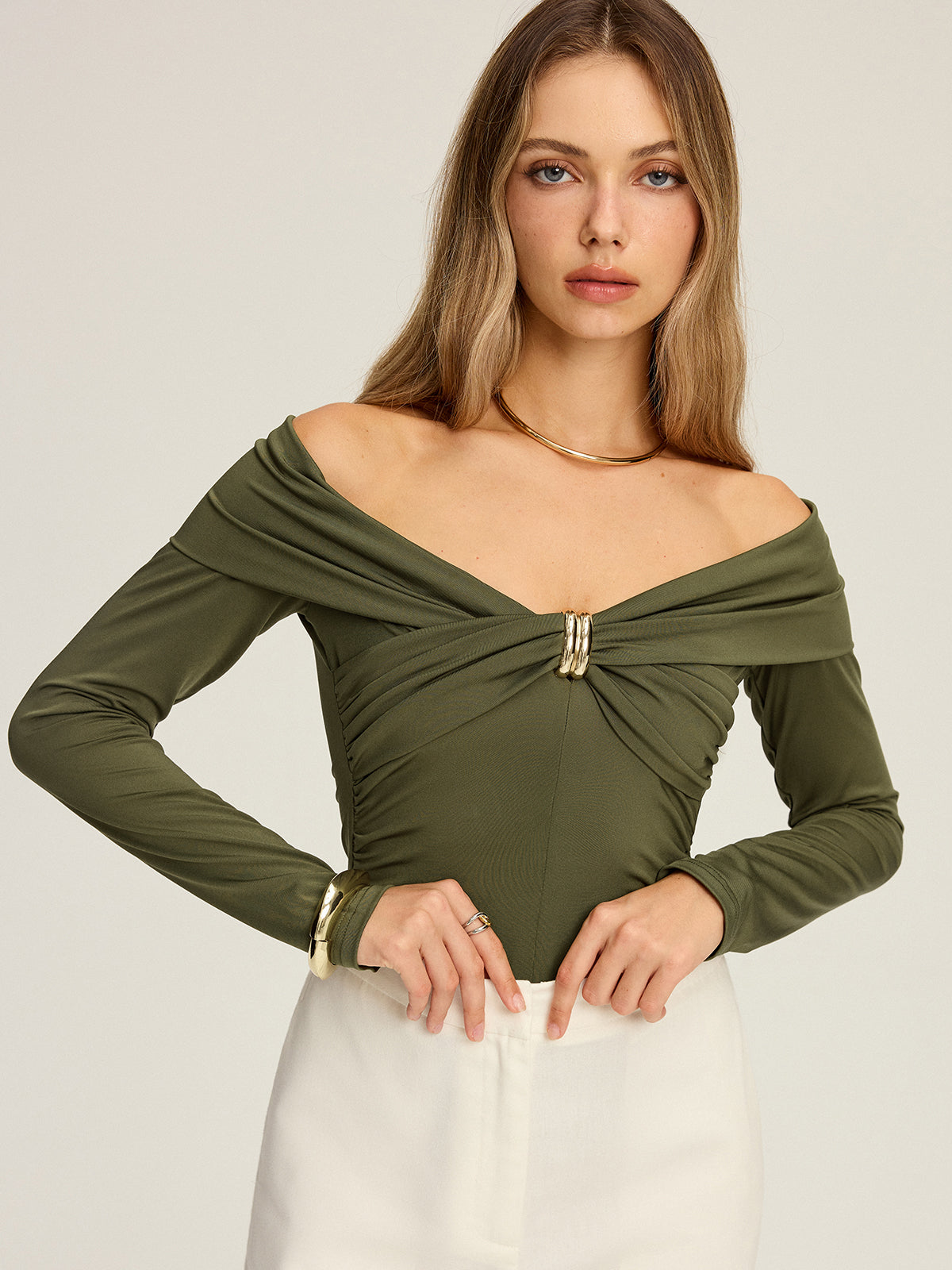 Metal Detail Off-Shoulder Long Sleeve Blouse-Chicvia