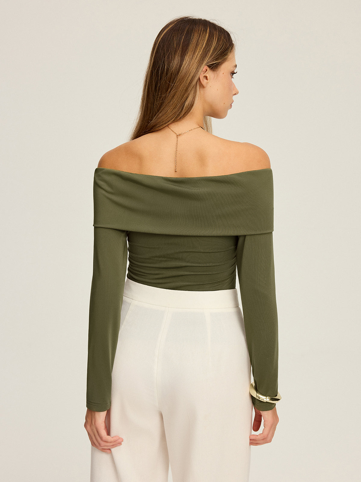 Metal Detail Off-Shoulder Long Sleeve Blouse-Chicvia