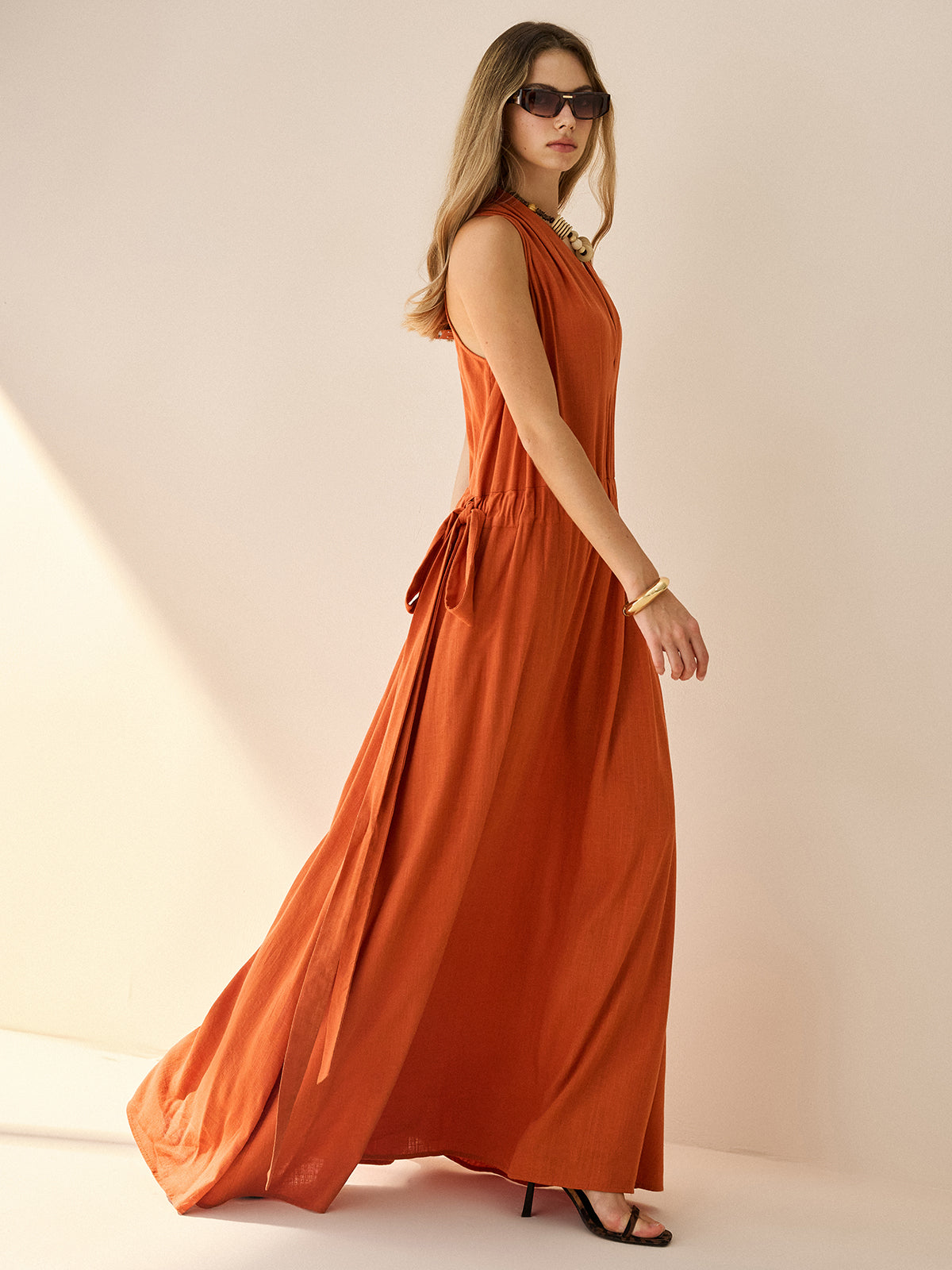 Cotton & Linen Halter Maxi Dress-Chicvia