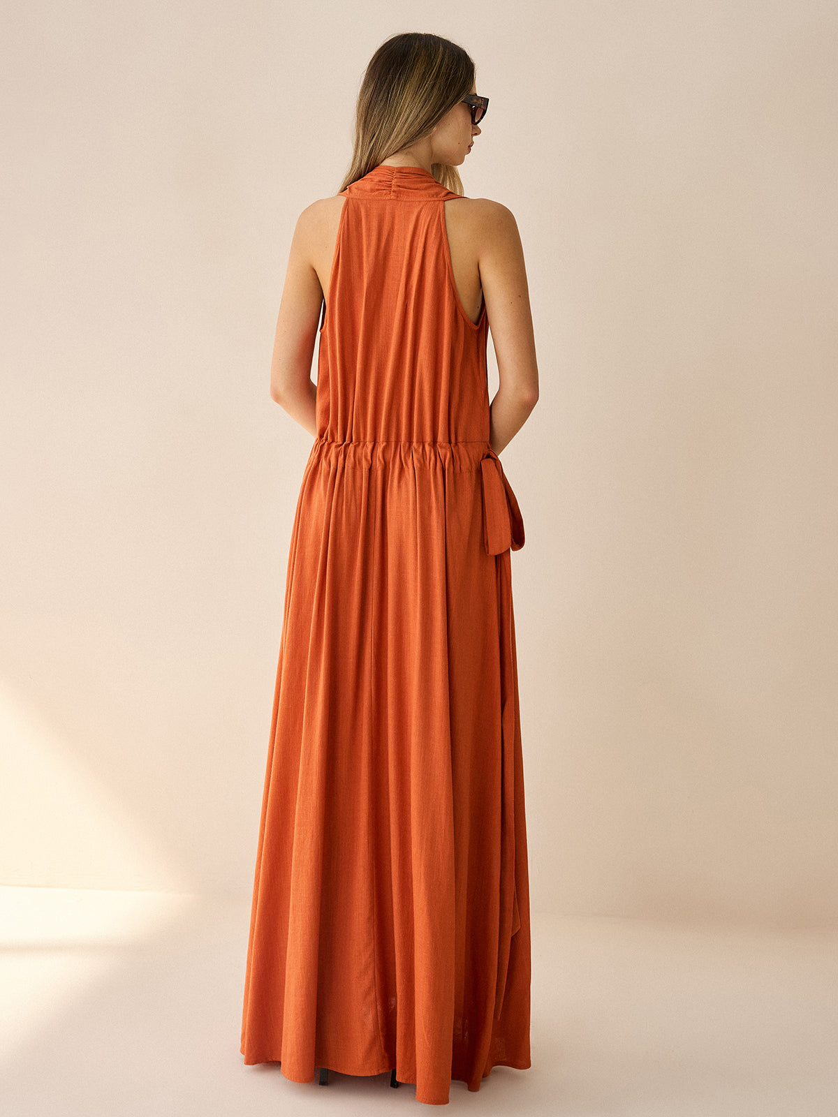 Cotton & Linen Halter Maxi Dress-Chicvia