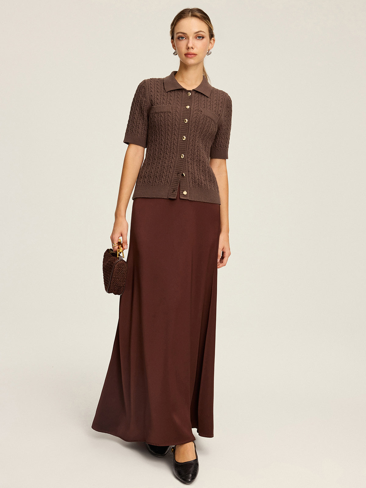 Cable Knit Short-Sleeve Button Top-Chicvia