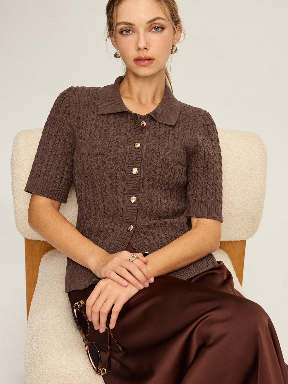 Cable Knit Short-Sleeve Button Top-Chicvia