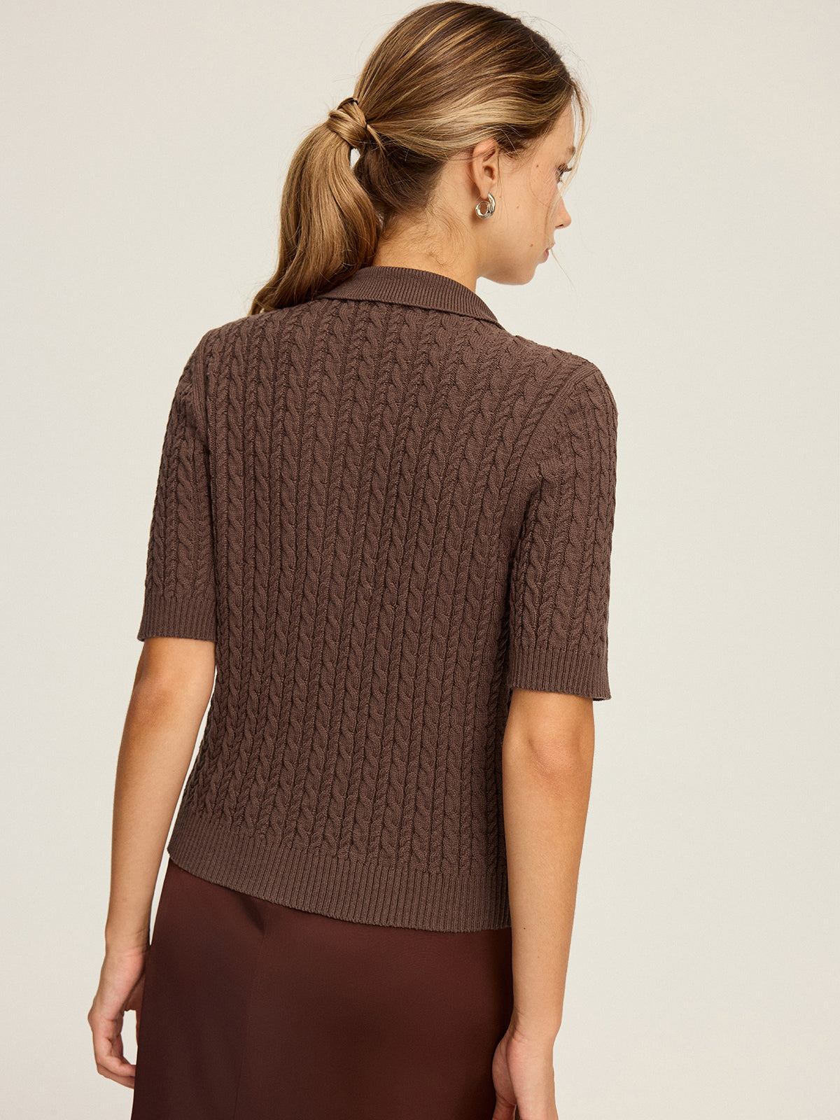 Cable Knit Short-Sleeve Button Top-Chicvia