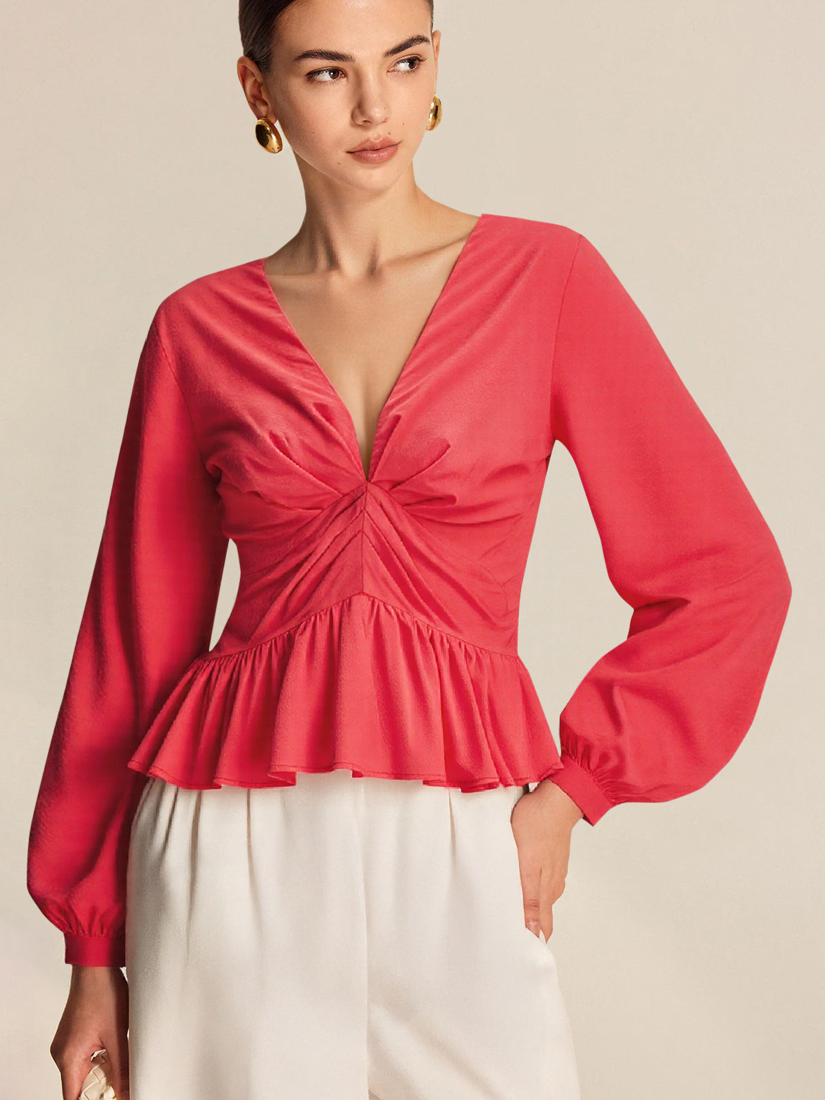 Cotton Deep V-Neck Peplum Top-Chicvia
