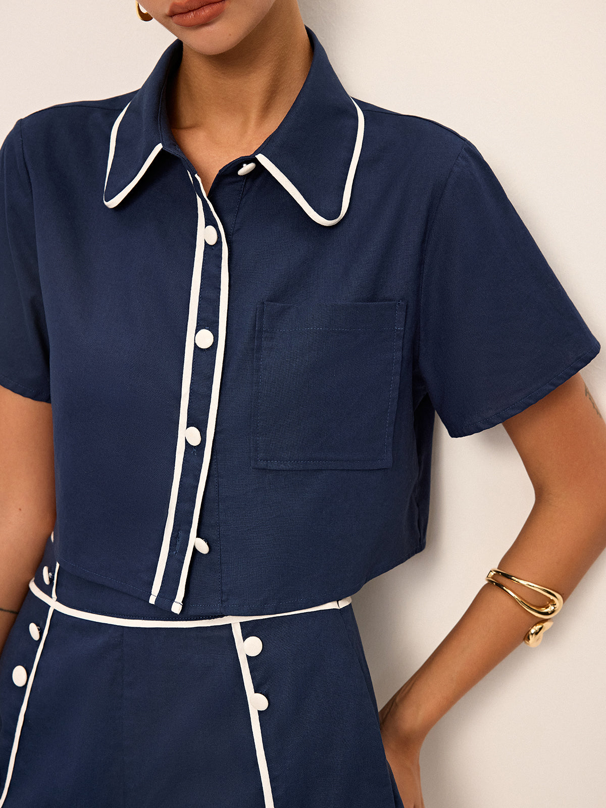 Contrast Piping Crop Shirt and Shorts Set-Chicvia