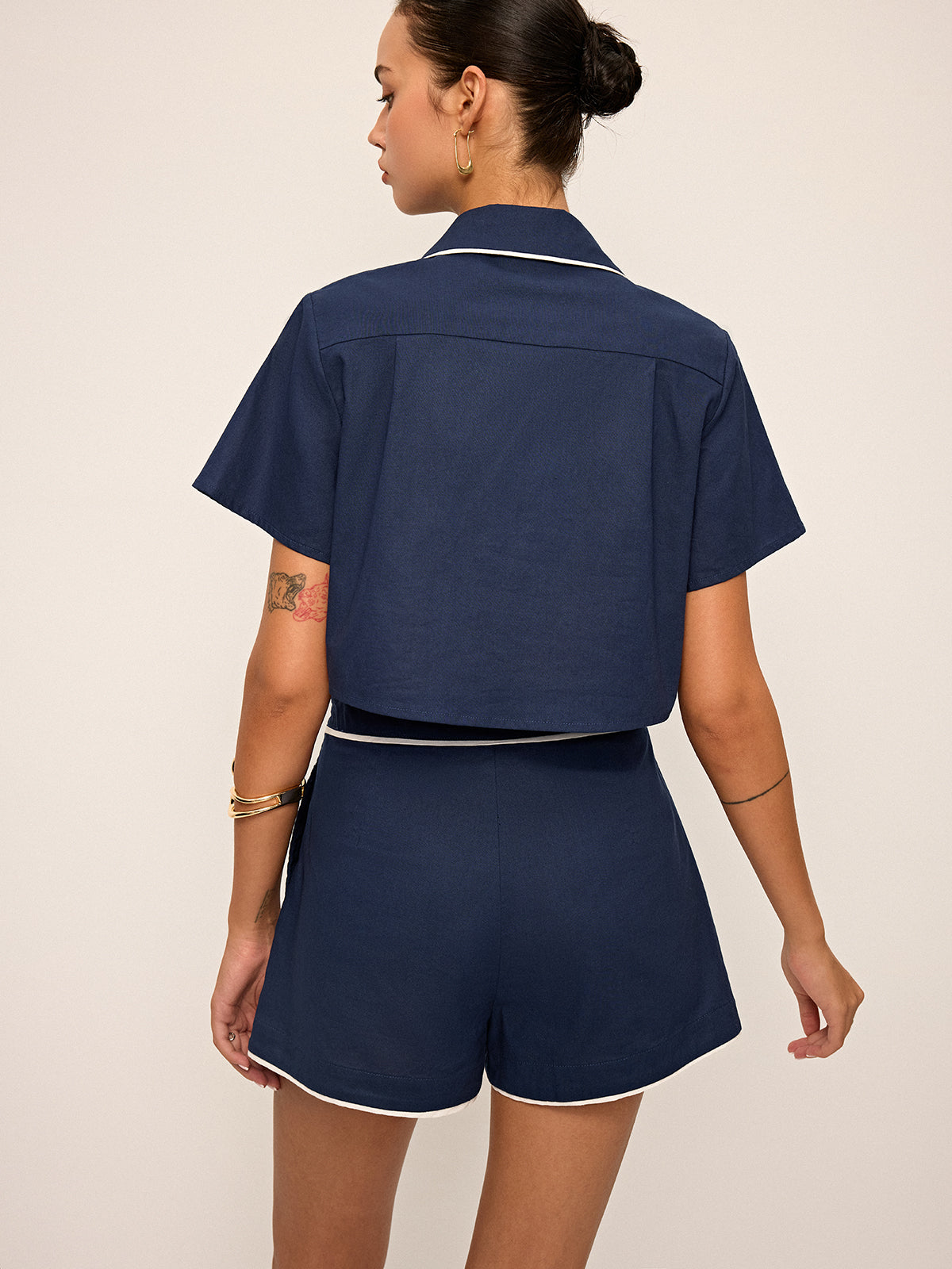 Contrast Piping Crop Shirt and Shorts Set-Chicvia
