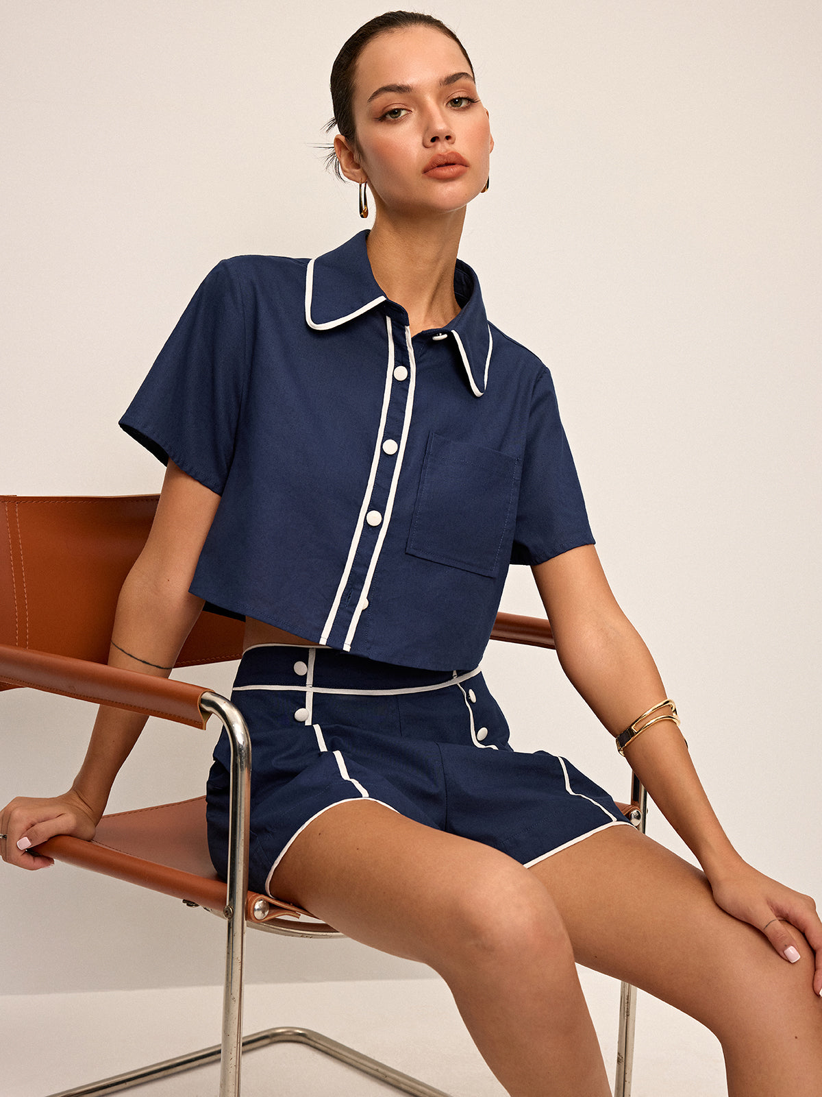 Contrast Piping Crop Shirt and Shorts Set-Chicvia
