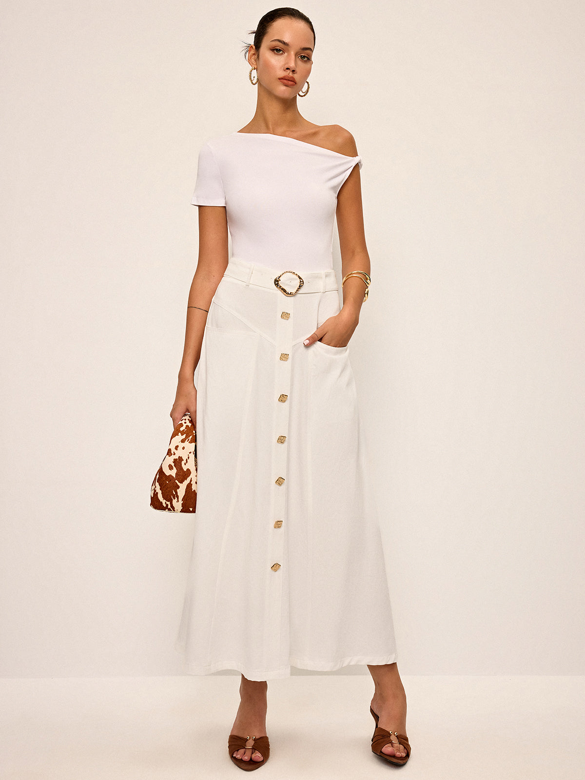 Cotton Button-Front Midi Skirt with Belt-Chicvia