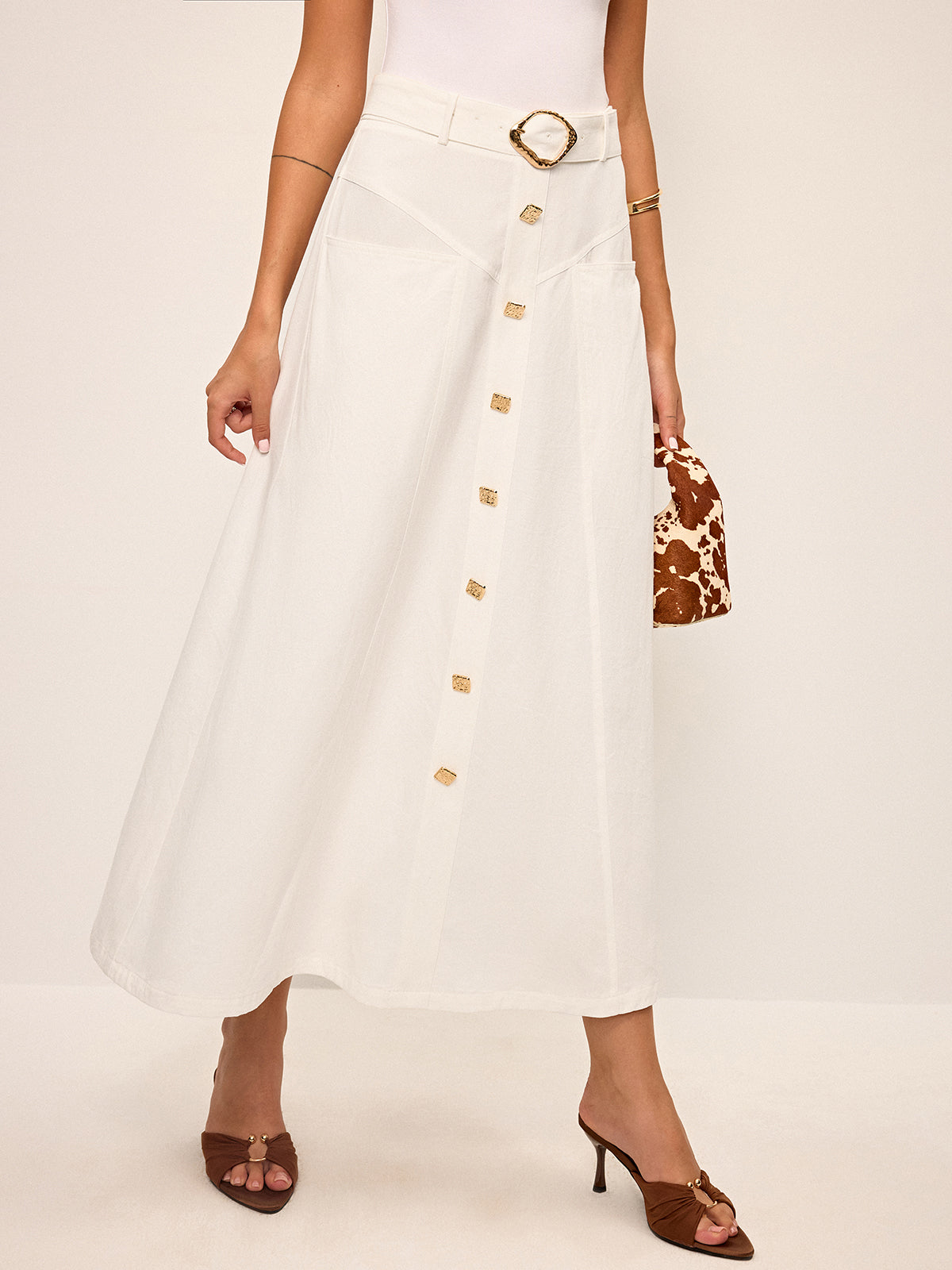 Cotton Button-Front Midi Skirt with Belt-Chicvia