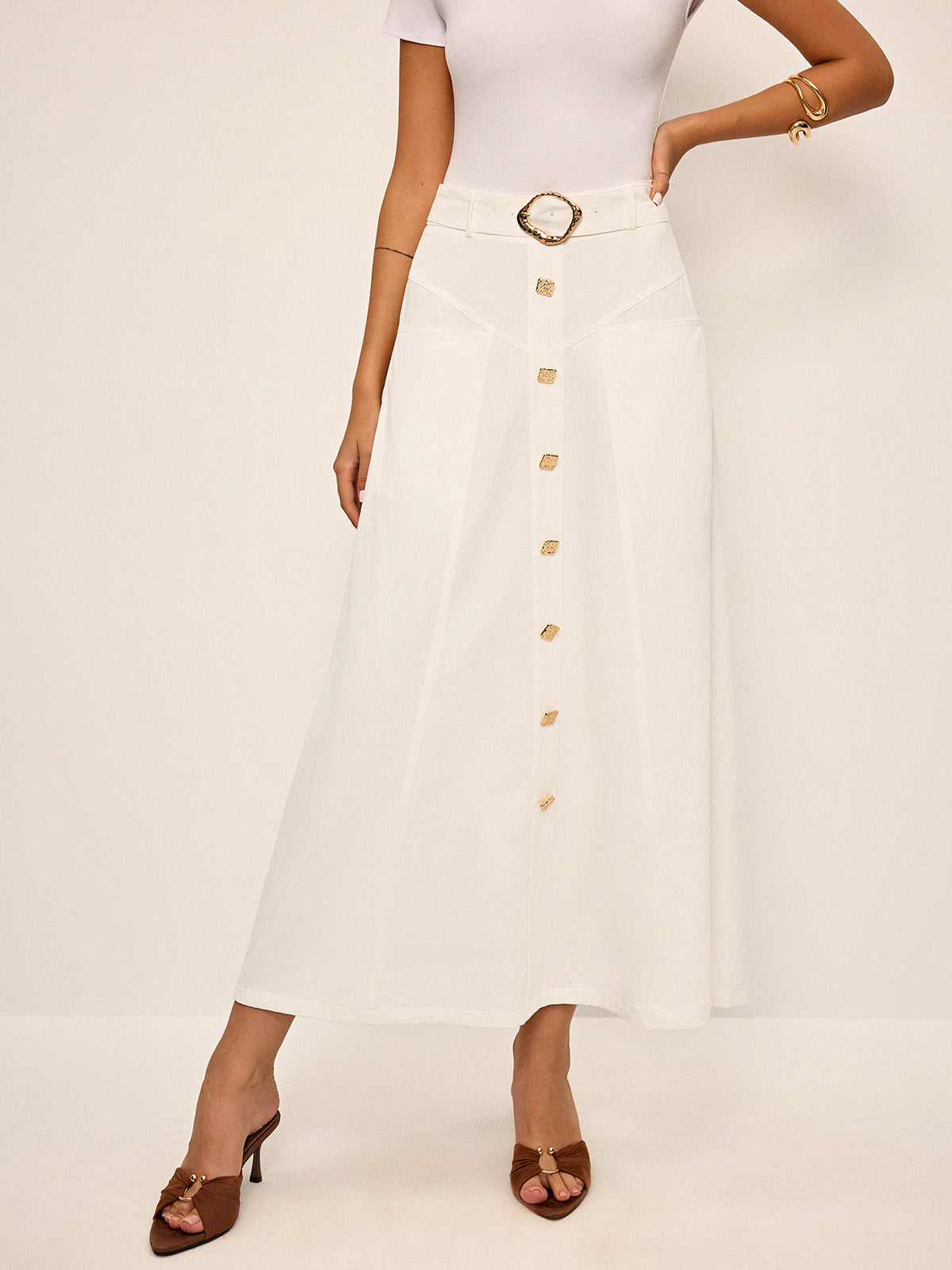 Cotton Button-Front Midi Skirt with Belt-Chicvia
