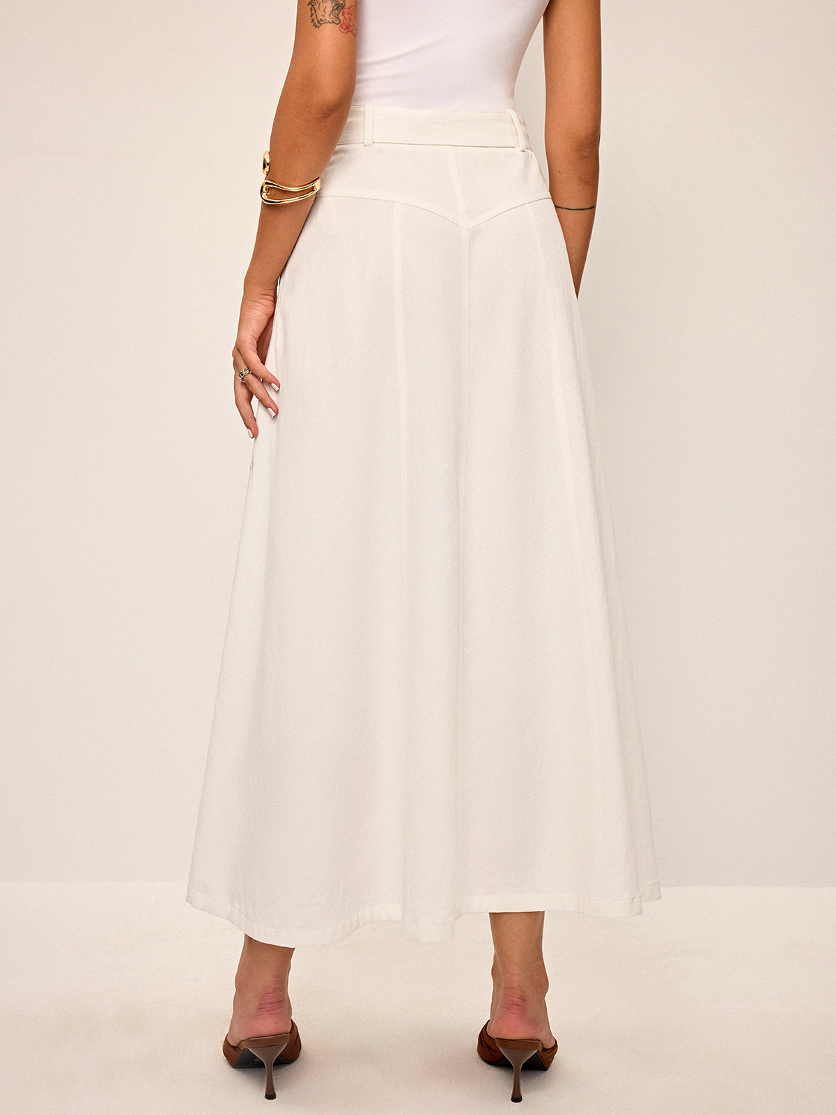 Cotton Button-Front Midi Skirt with Belt-Chicvia