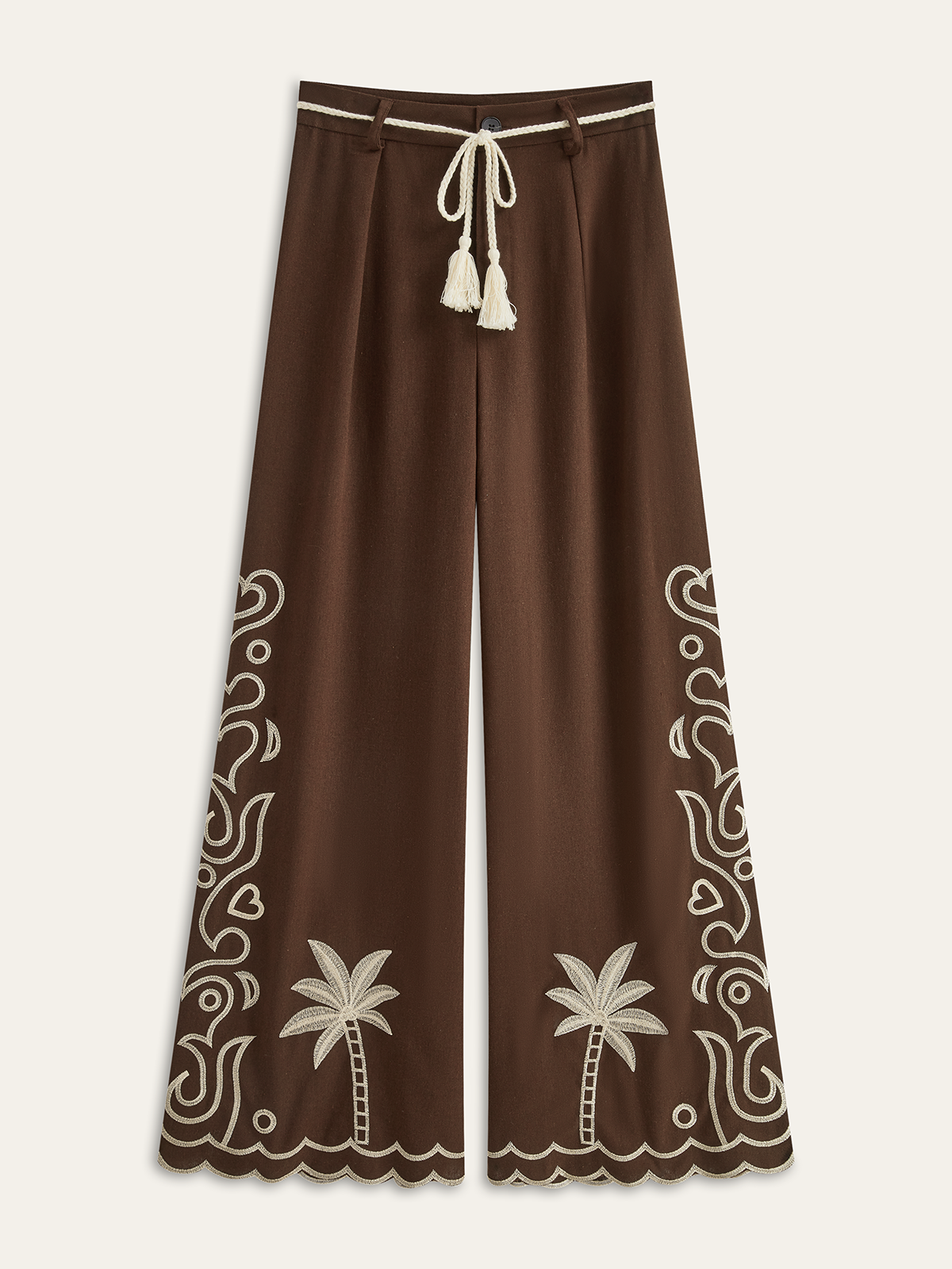 Palm Tree Embroidery Pants with Tassel Tie-Chicvia