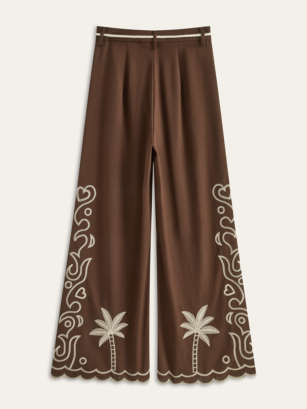 Palm Tree Embroidery Pants with Tassel Tie-Chicvia