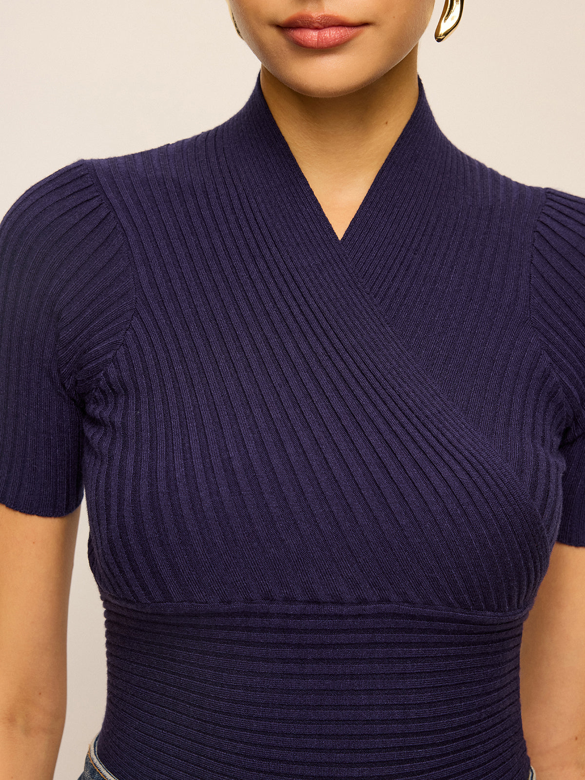 Ribbed Short-Sleeve Knit Top-Chicvia