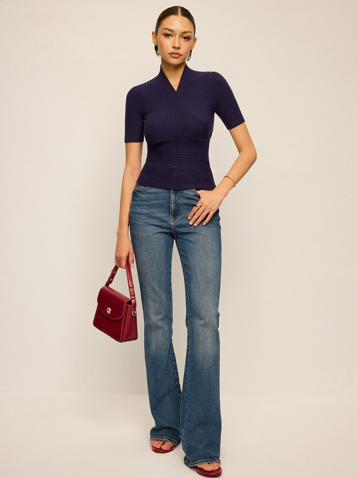 Ribbed Short-Sleeve Knit Top-Chicvia