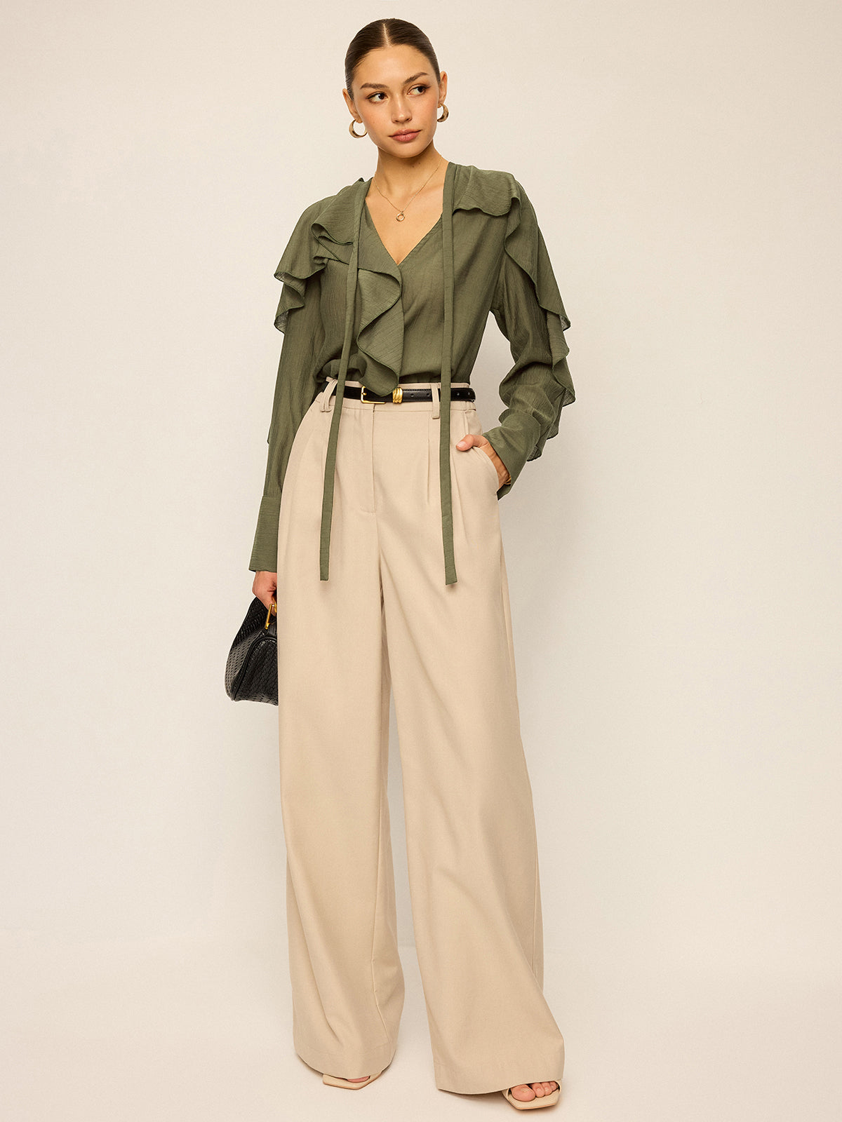 Neckline Tie Ruffled Blouse-Chicvia