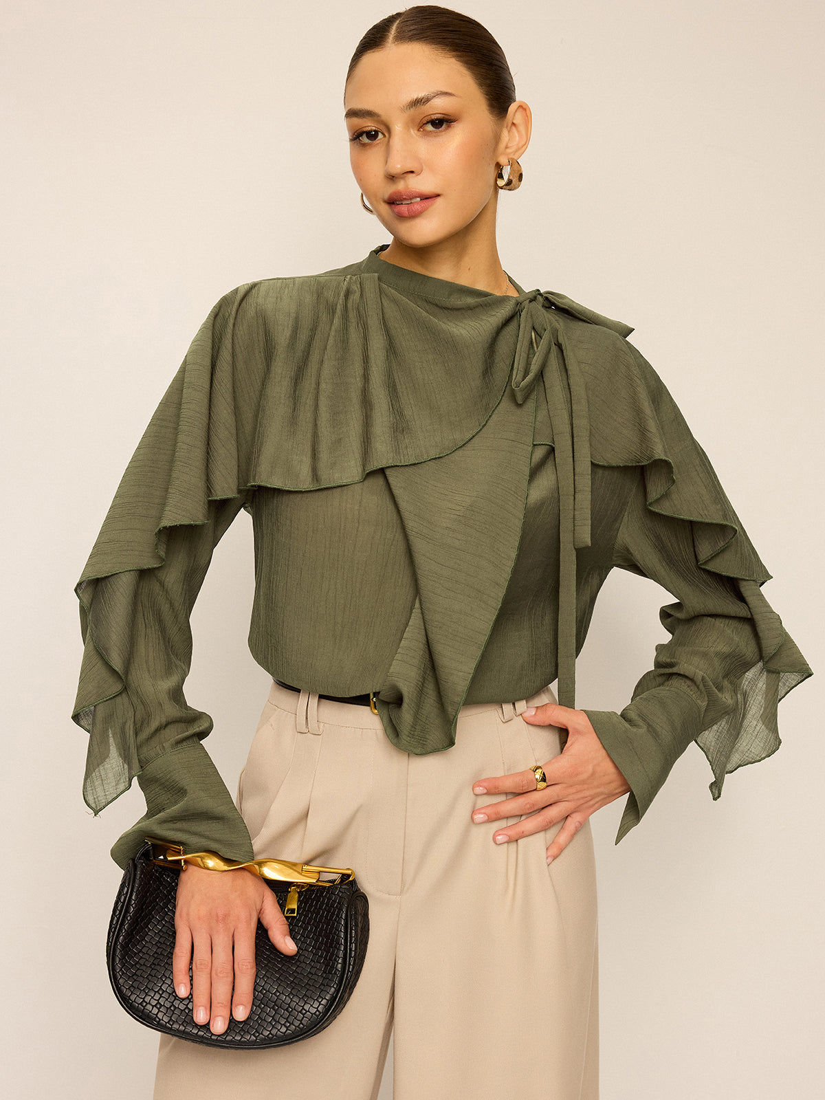 Neckline Tie Ruffled Blouse-Chicvia