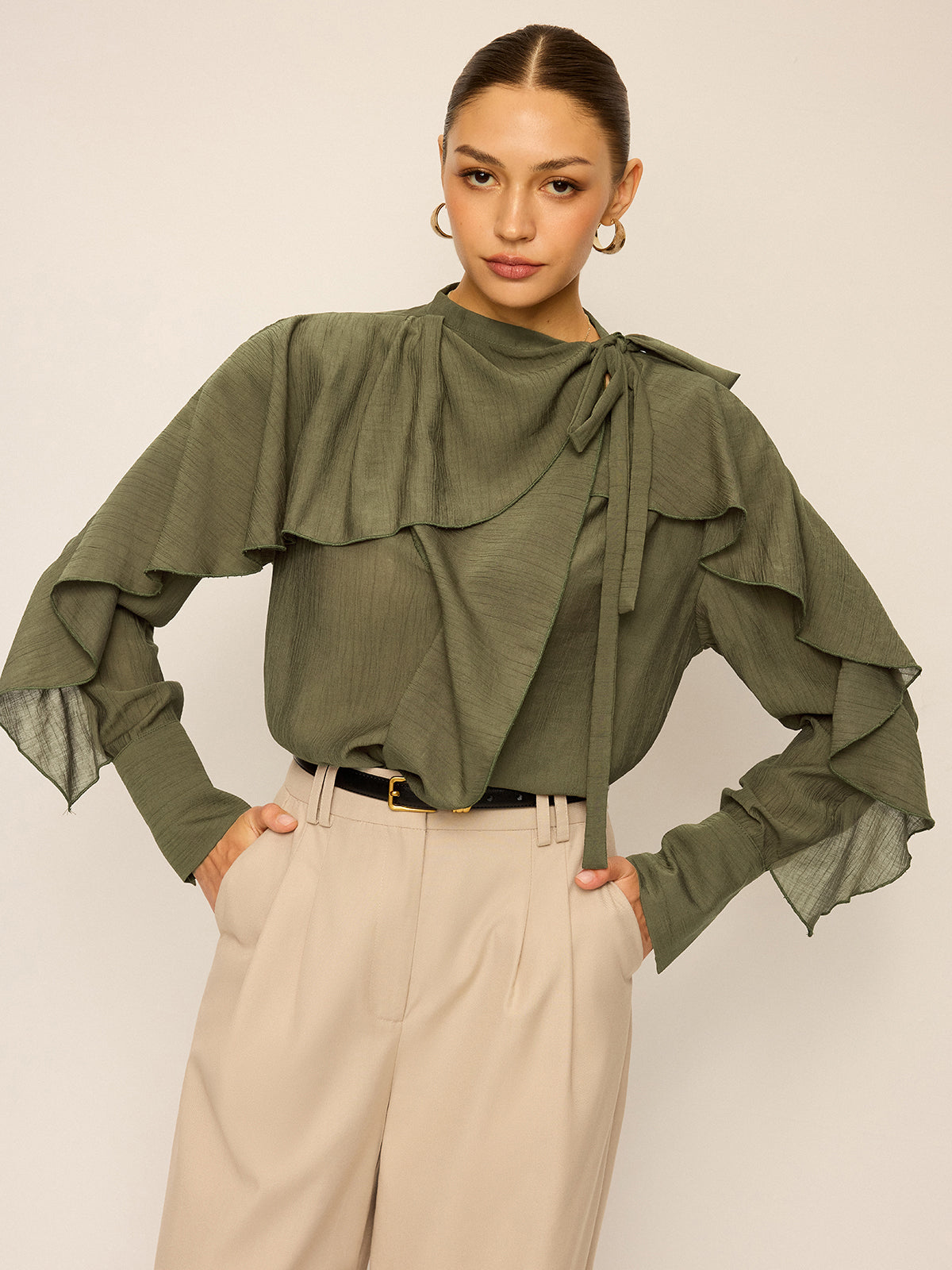 Neckline Tie Ruffled Blouse-Chicvia
