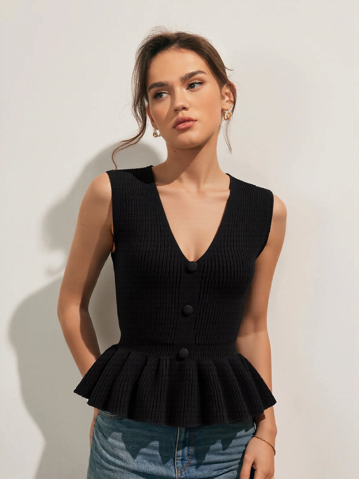 Button V-Neck Knit Peplum Vest-Chicvia