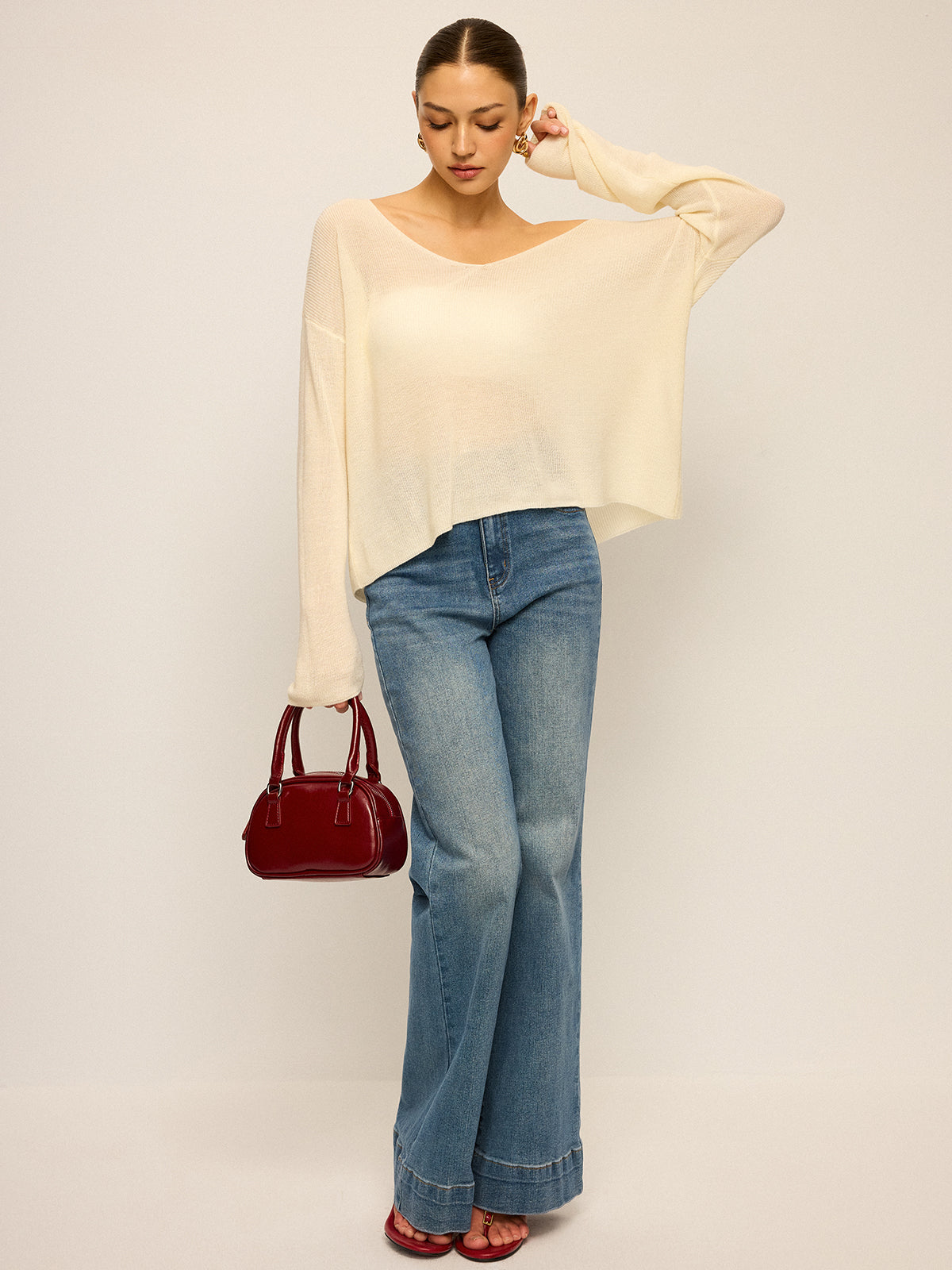 Off-Shoulder Oversized Knitted Sweater-Chicvia