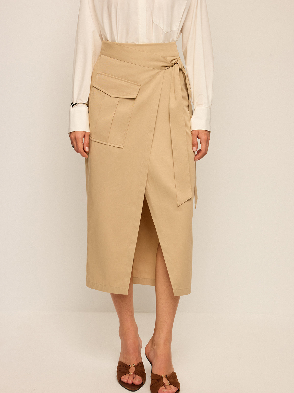 Pocket Wrap Midi Skirt-Chicvia