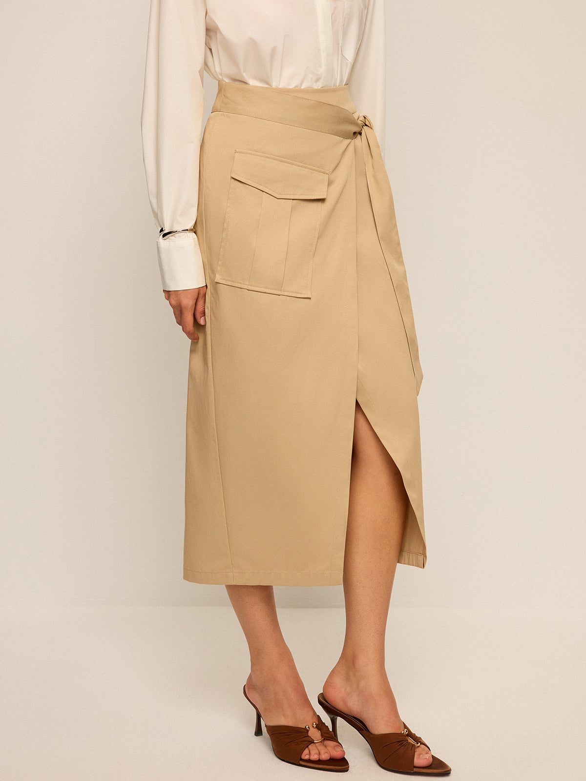 Pocket Wrap Midi Skirt-Chicvia