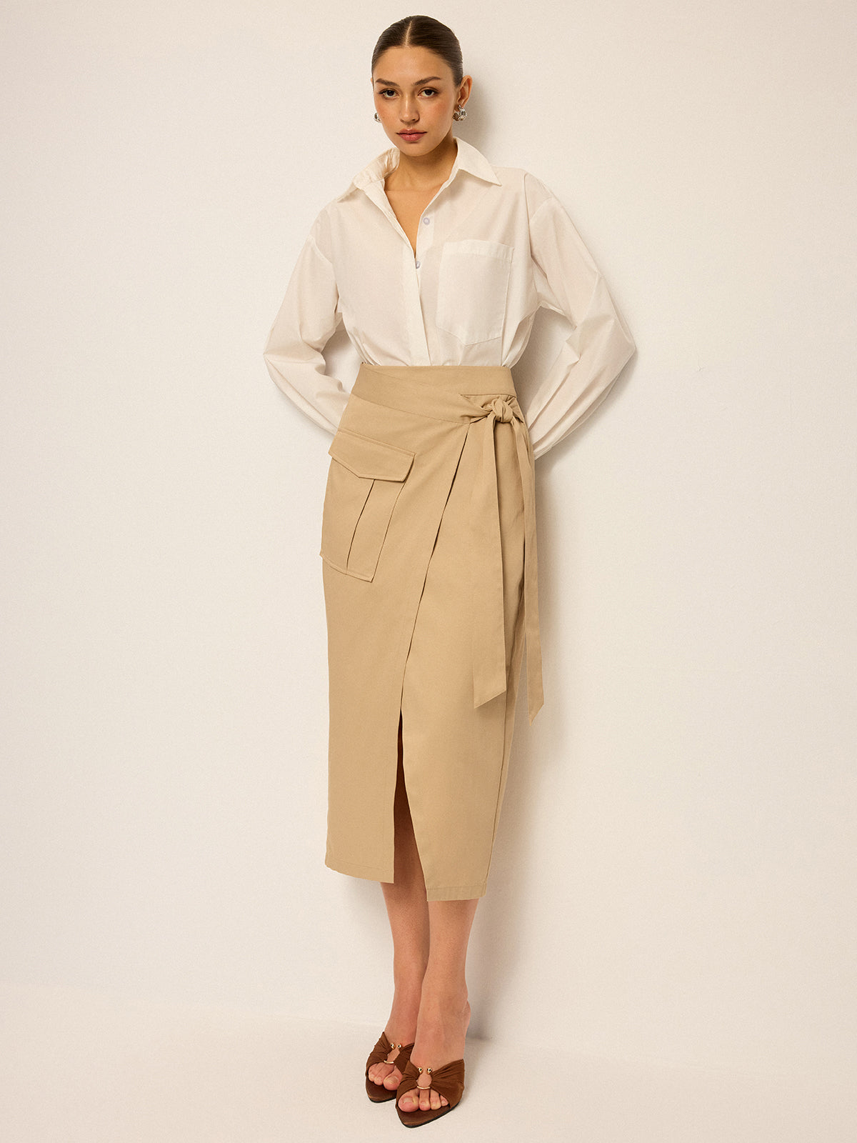 Pocket Wrap Midi Skirt-Chicvia